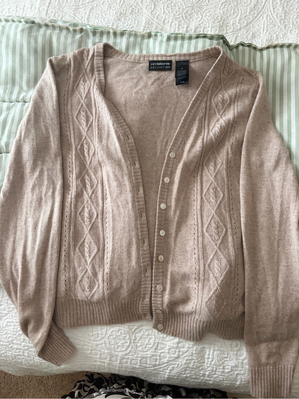 Liz Claiborne Tan Cable-Knit Button Cardigan Sweater - Academia Core